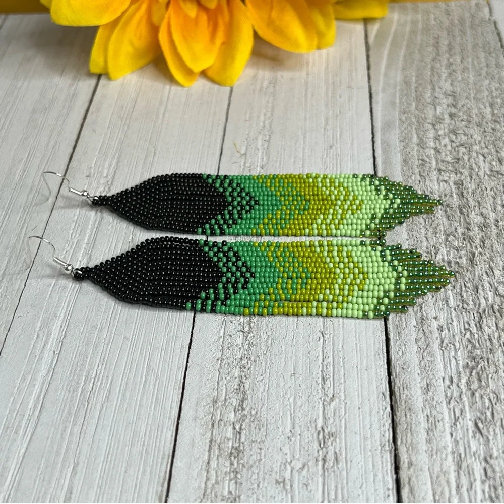 Green Black Seed Beaded Fringe Earrings Chevron Tassel Earrings Handmade Jewelry